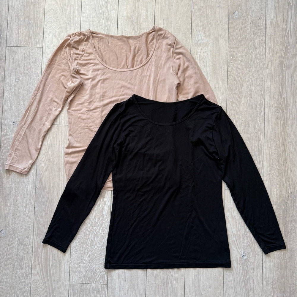 Uniqlo Heattech 2pc Long Sleeve Tops in Black & Beige Japanese Size M/L